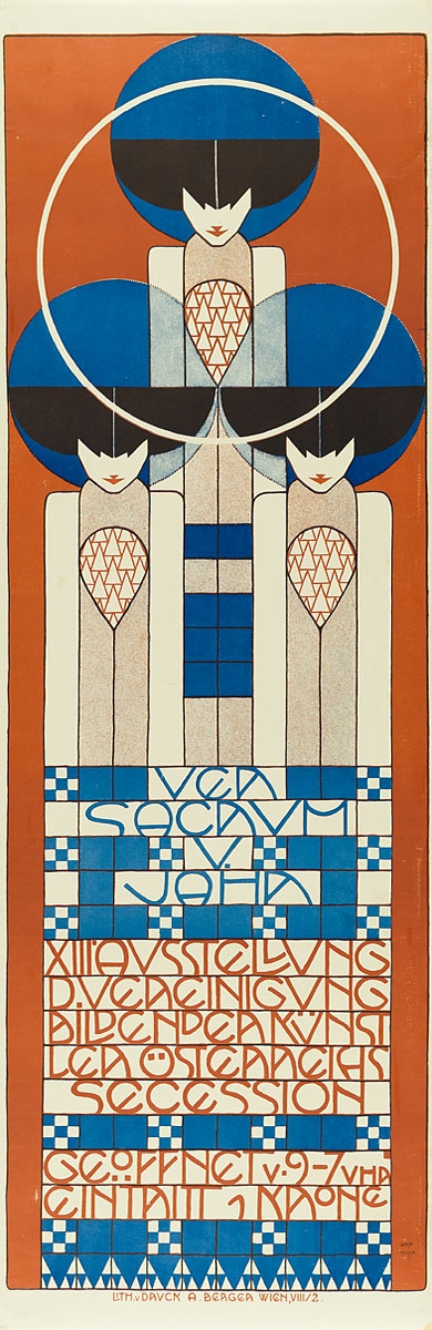 Poster by Koloman Moser, showing three abstract woman above text about the 'Ver Sacrum V. year. XIII. Exhibition of the Association of Austrian Artists Secession'